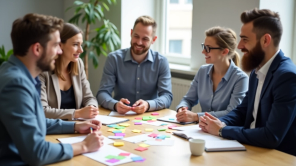 Ondernemers in brainstormsessie rond een tafel met notitieboeken en post-its, discussiërend over ideevalidatie