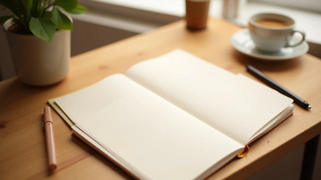 Schrijftafel met notitieboekje, pen en koffiekopje, vogeloogperspectief met zachte verlichting