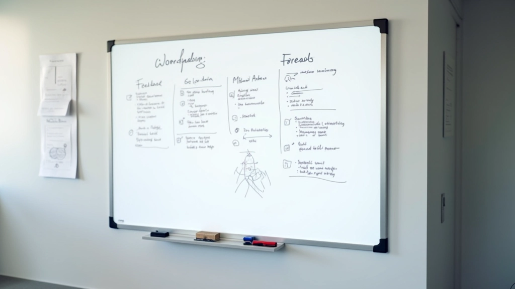 Whiteboard met aantekeningen, feedbackschema's en prioriteitslijsten van validatieresultaten