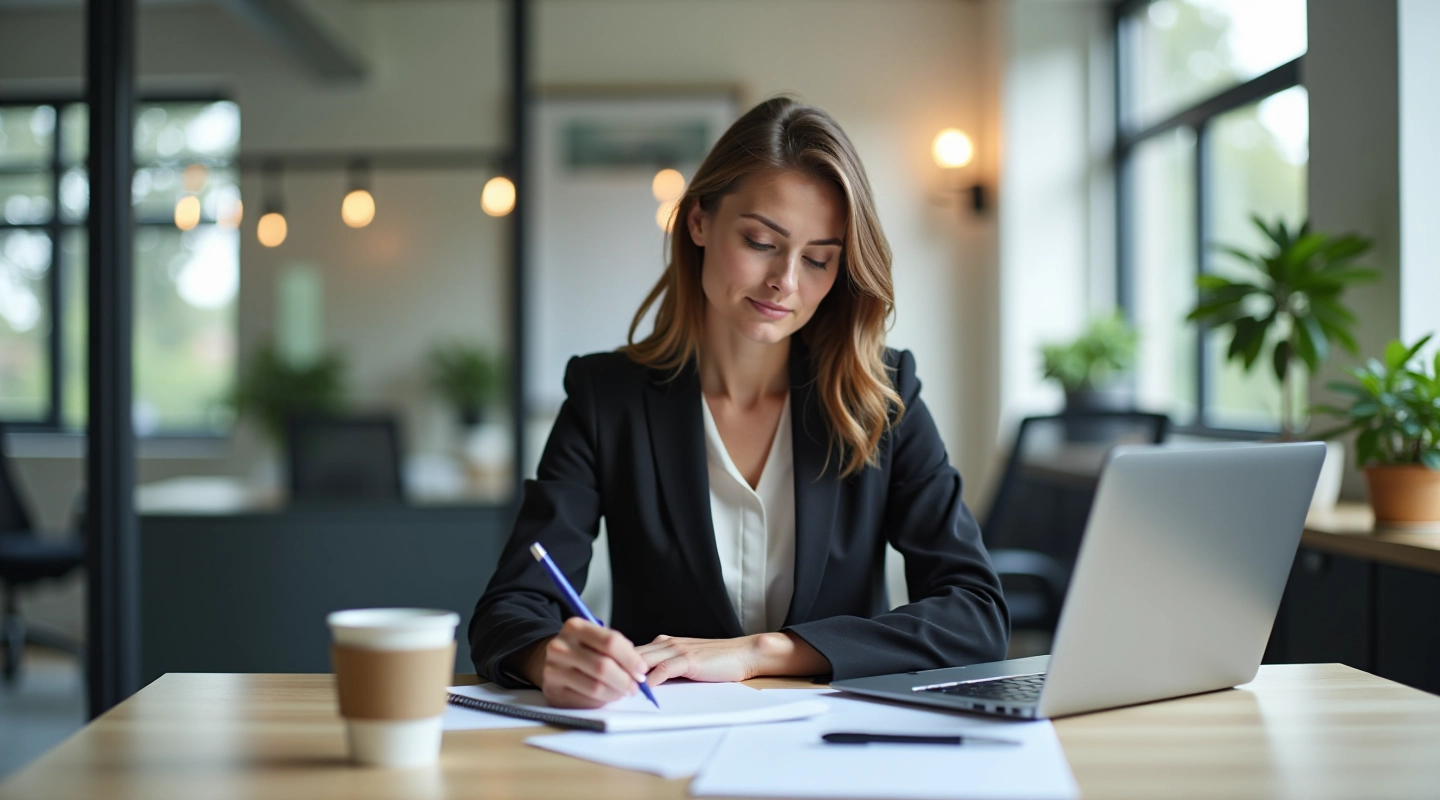 Zakenvrouw die notities maakt aan een bureau met laptop en koffie